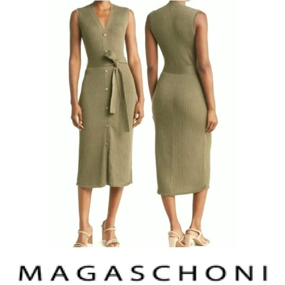 Magaschoni Olive Green Ribbed Sleeveless Knit Button Front Sweater Midi Dress S